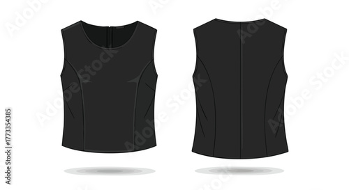 Elegant black sleeveless top design showcasing both the front and back views for fashion visualization