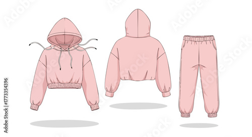 Fashionable pink loungewear ensemble featuring a cropped hoodie and relaxed-fit sweatpants design for effortless style and comfort