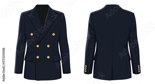 A detailed illustration showcasing a navy blue double-breasted blazer, featuring both the front and back views of the garment displayed against a