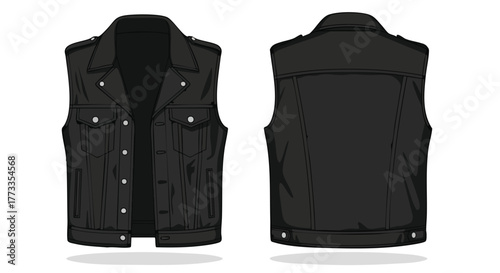 Sleeveless Black Leather Vest Illustration, Front and Back View - Fashion and Design Template