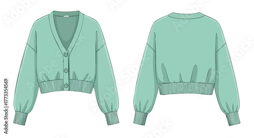 Fashionable cropped cardigan illustration in mint green showcasing front and back design for clothing design projects