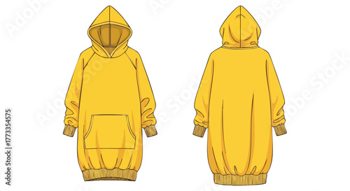 Fashionable Yellow Hoodie Dress: Front and Back View for Design Mockups and Apparel Creation