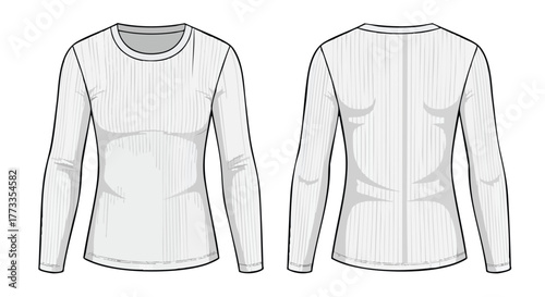 Illustration of a ribbed long-sleeved t-shirt showcasing front and back views for apparel design and technical specifications
