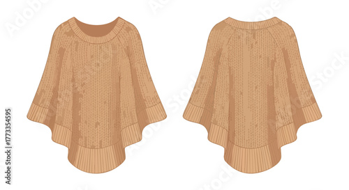 Beige knitted poncho vector illustration with front and back views on a white backdrop showcasing its unique and relaxed style