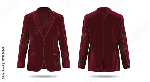 Elegant burgundy velvet blazer showcased in front and back views for fashion design inspiration