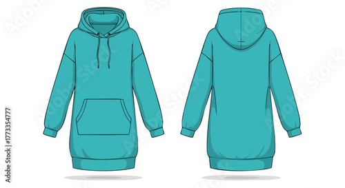 Turquoise hoodie dress design template showcasing front and back views for apparel design and marketing purposes