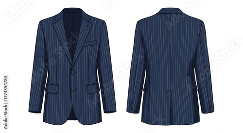 Elegant Pinstripe Blazer: Front and Back View Showcasing Sophisticated Design Details with Impeccable Tailoring for Formal Occasions