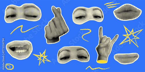 Retro halftone composition with eyes lips and hands. Abstract human face parts vector design. Pop art dotted pattern style. Modern creative collage illustration isolated on white background