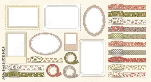 A collection of vintage-style scrapbook elements including photo frames, washi tape, and decorative tabs.