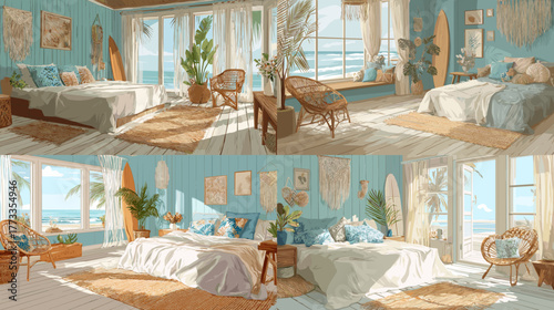 Coastal bedroom interior with ocean view, sunlight, and rattan furniture. Relaxed boho beach house design ideal for summer, vacation, and lifestyle themes.