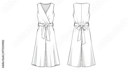 Fashionable women's jumpsuit technical drawing, featuring a sleeveless wrap top and a tied waist, showcasing the front and back views for design and