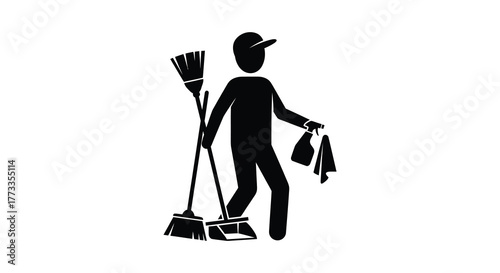 A person in a baseball cap holding a broom and dustpan with rags in their other hand depicted in a bold black silhouette style