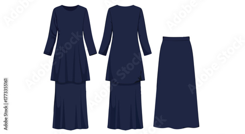 Elegant Islamic Fashion Illustration: Stylish Navy Blue Long Sleeve Dress and Skirt Outfit, Showcase of Modest Apparel Design and Contemporary Style
