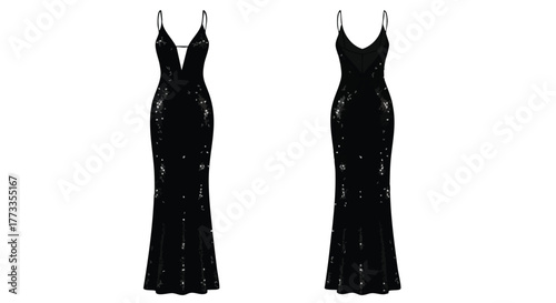 Elegant Black Sequin Gown Showcasing Front and Back Design with Plunging Neckline and Mermaid Silhouette