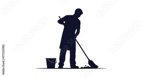 A person in silhouette sweeping the floor with a broom and dustpan next to a bucket silhouette