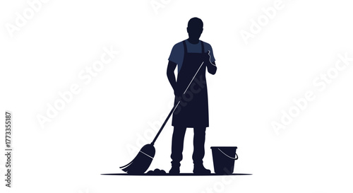 Silhouette of a person in work clothes holding a broom and standing next to a bucket