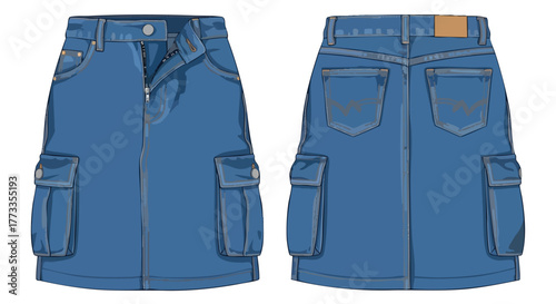 Detailed fashion illustration of a blue denim mini skirt with cargo pockets front and back design technical sketch for garment design and clothing