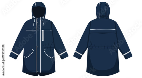 Detailed garment illustration featuring a hooded raincoat presented in front and back views highlighting modern design elements