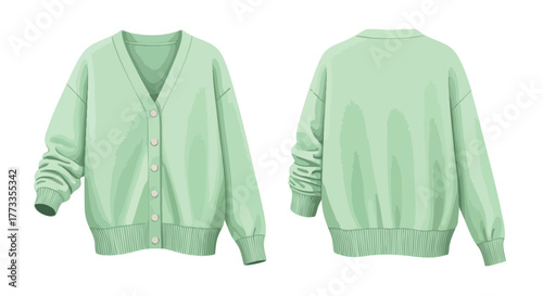 Mint Cardigan Illustrated: Front and Back Views of a Stylish Knitted Sweater, Depicting a Wardrobe Staple for Fashion and Comfort