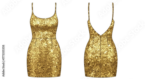 Sophisticated golden sequin dress showcase, a chic garment ideal for fashion illustrations and glamorous attire presentations