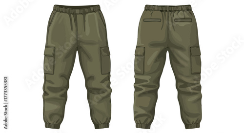 Detailed Illustration of Versatile Green Cargo Pants: Front and Back View Isolated on a White Backdrop