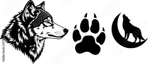wolf head silhouette, wolf paw print, howling wolf on the moon silhouette, black and white, vector illustration