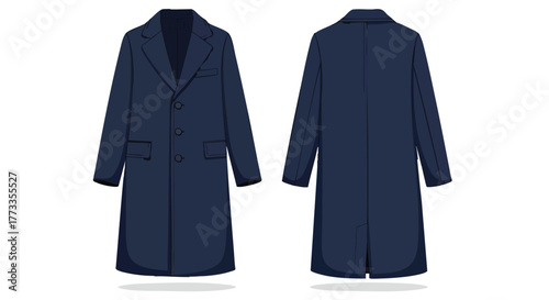 Sophisticated Navy Overcoat Depiction: Front and Rear Views Showcasing Classic Design and Tailoring Details for Versatile Fashion Applications