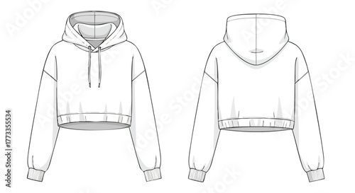 Technical sketch showcasing a modern cropped hoodie design, ideal for fashion illustration and apparel design reference