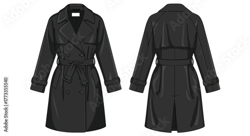 Sleek black trench coat illustration showcasing front and back design for fashion design needs, a fashion forward item for wardrobe planning