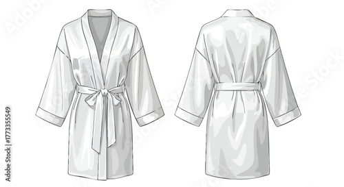 Elegant white bathrobe design with tie waist, featuring front and back views for versatile usage