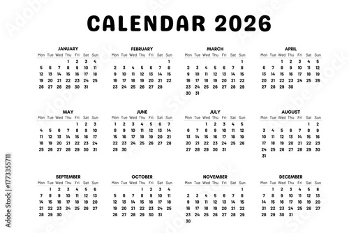 Set of Calendar Icons for 2026 Year Planner Design