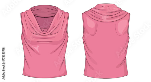 Elegant pink cowl neck sleeveless top illustration showcasing front and back views for fashion design and textile concepts