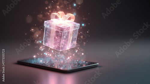 A glowing hologram gift box with bow floating above a smartphone screen, futuristic neon light, 3D digital hologram particles, magical sparkling effects, modern technology advertising style