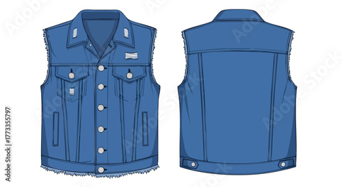 Denim vest blueprint with frayed edges and button closure for fashion design illustration