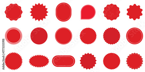  sticker set. Wavy edge promo red badges. Star burst shape tags for price. Blank sale stickers. Simple silhouette. Flat vintage labels. Graphic illustration.