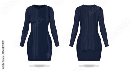 Sophisticated front and back views of a navy blue ribbed knit dress with long sleeves, showcasing a simple yet elegant design