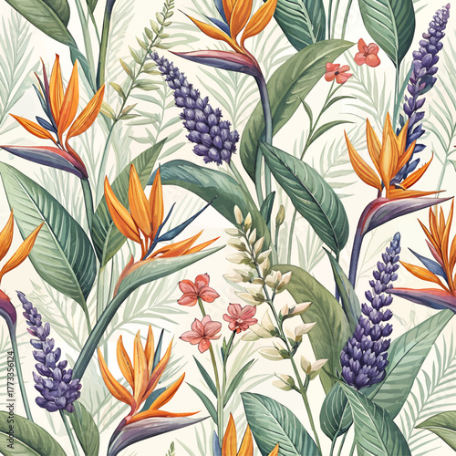 Seamless illustration of colorful bird of paradise and scorpion grass flowers. High resolution. Designed for printing on fabric or wallpaper.