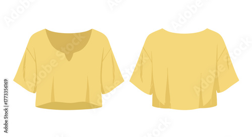 Yellow crop top front and back view displays casual style apparel illustration providing fashion details in garment design and style presenting