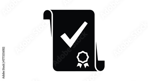 Black silhouette of a rolled document with a white checkmark and a seal indicating approval and certification
