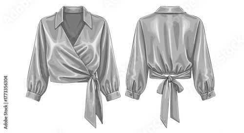 Elegant Silver Blouse Illustration Displaying Front and Back Views in Artistic Detail for Apparel Design Showcase