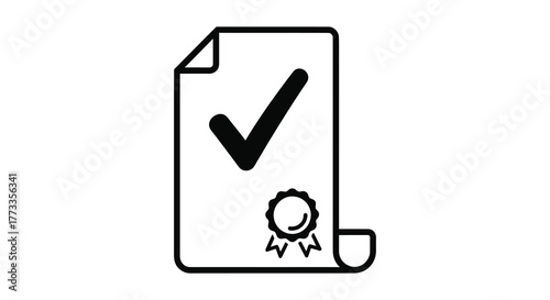 A simple black and white silhouette of a document with a checkmark and a seal of approval representing a verified or approved certificate or report