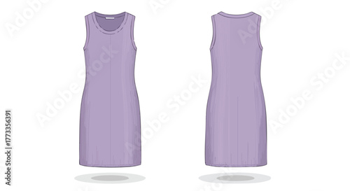 Lavender Tank Dress Illustration Displaying Front and Back Views Against a White Background, Demonstrating Apparel Design