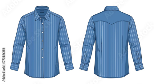 Detailed vector illustration displaying a blue striped long-sleeved shirt design with a button-down style and a distinctive yoke