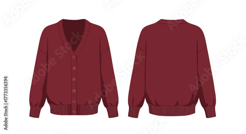 Elegant maroon cardigan illustration showcasing front and back views for fashion design and clothing catalog needs