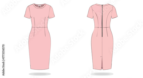 Elegant pink sheath dress technical drawing showcasing front and back designs with refined details providing a modern and chic visual representation