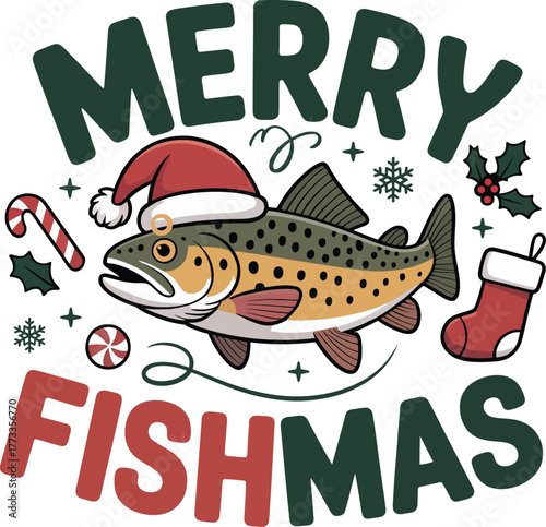 Merry fishmas trout illustration wearing a santa hat for christmas holiday season vector graphic design element.