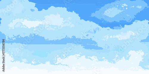 Abstract watercolor style painting of a bright blue sky filled with fluffy white and light blue clouds