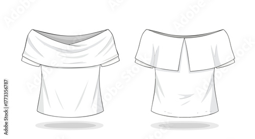 Technical fashion drawing showcasing a women's off-the-shoulder ruffled top design details and construction outlining the garment's shape and
