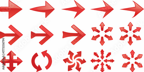 Collection of various red glossy arrows pointing in different directions and forming circular patterns