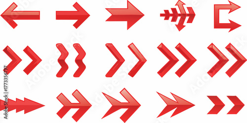 Collection of diverse red arrow icons and symbols pointing in various directions and styles